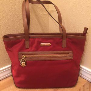 Michael Kors Red Satin Bag with Tan Leather Trim
